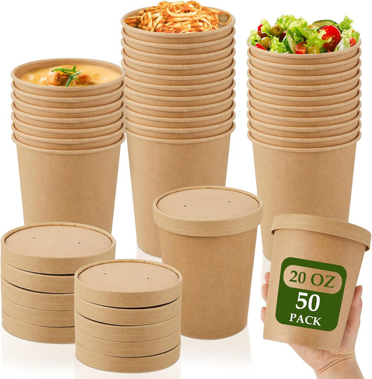 Sabary 50 Pack 20 oz Paper Soup Containers with Lid Disposable Kraft Soup Food Bowl Microwavable Food Storage Ice Cream Containers Nice for Restaurants(Brown)