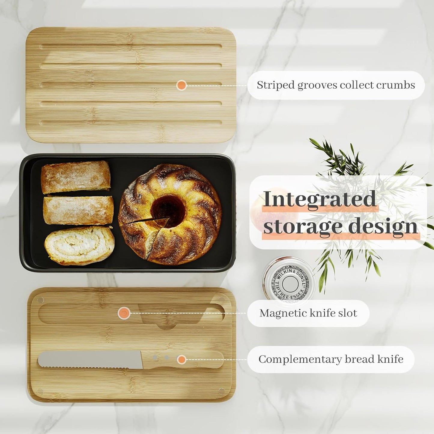 Bread Box for Kitchen Countertop - Metal Bread Storage with Bamboo Cutting Board Lid & Bread Knife, Corner Bread Container for Homemade Bread and Toast, Black