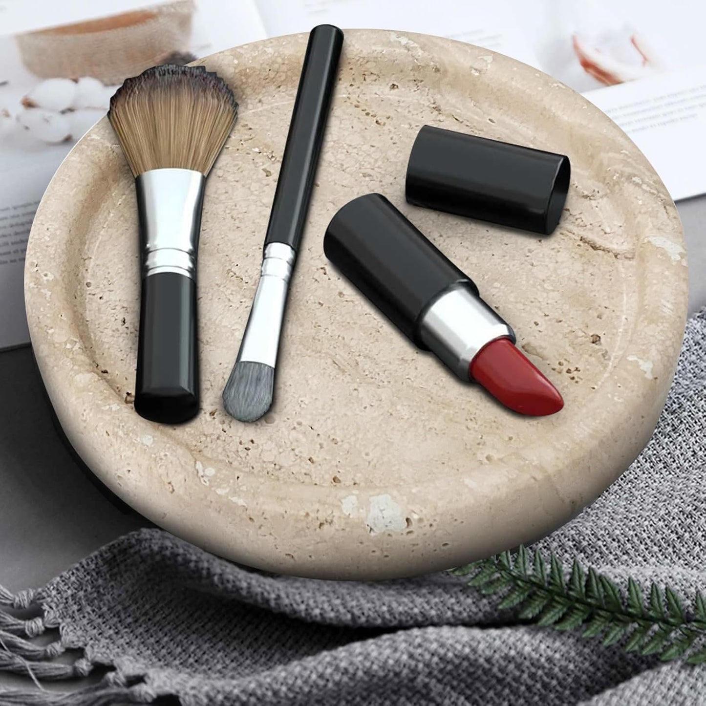 Travertine Tray, Small Ceramic Vanity Tray for Bathroom Counter Decor, Round Marble Decorative Trays for Coffee Table (Beige, Small Size)