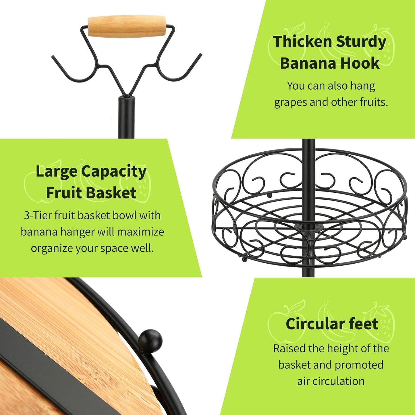 WCHOSOZH 3 Tier Fruit Basket for Kitchen Counter, Fruit Vegetables Bowl Stand with 2 Banana Hangers,Metal Tiered Display Holder for Bread Snack Organization Storage Baskets(Black)
