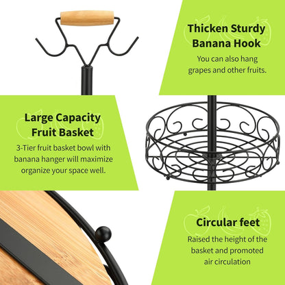 WCHOSOZH 3 Tier Fruit Basket for Kitchen Counter, Fruit Vegetables Bowl Stand with 2 Banana Hangers,Metal Tiered Display Holder for Bread Snack Organization Storage Baskets(Black)