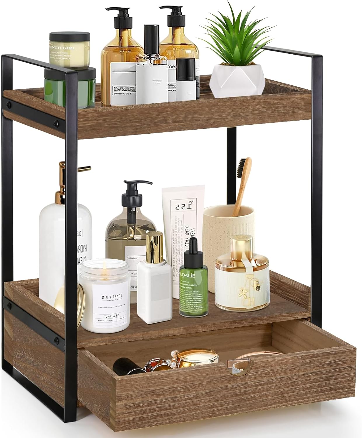 2-Tier Bathroom Organizer Countertop with Drawer, Wood Counter Shelf for Storage, Vanity Tray for Organization and Decor, Countertop Organizer for Bathroom, Kitchen, Office (Dark Brown)