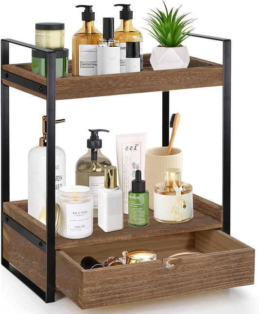 2-Tier Bathroom Organizer Countertop with Drawer, Wood Counter Shelf for Storage, Vanity Tray for Organization and Decor, Countertop Organizer for Bathroom, Kitchen, Office (Dark Brown)