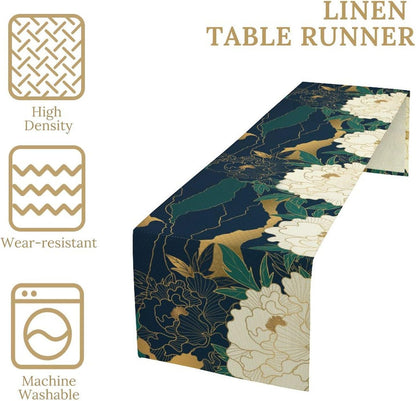 Chinese Landscape Dinning Table Runner, Spring Line Floral Navy Green Peak Asian Style Table Runner for Kitchen Study Living Room Home Bedroom, Gray 13x60 Inch