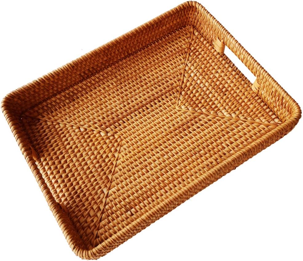 i-lan 17 Inch Oversize Handmade Rectangular Serving Trays with Cutout Handles and 2.3” Wall,Decorative Rattan Woven Storage Baskets Organizer Plate Tray for Bread,Fruits,Catch All Dish,XL,Brown