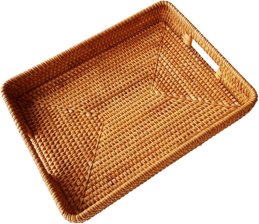 i-lan 17 Inch Oversize Handmade Rectangular Serving Trays with Cutout Handles and 2.3” Wall,Decorative Rattan Woven Storage Baskets Organizer Plate Tray for Bread,Fruits,Catch All Dish,XL,Brown