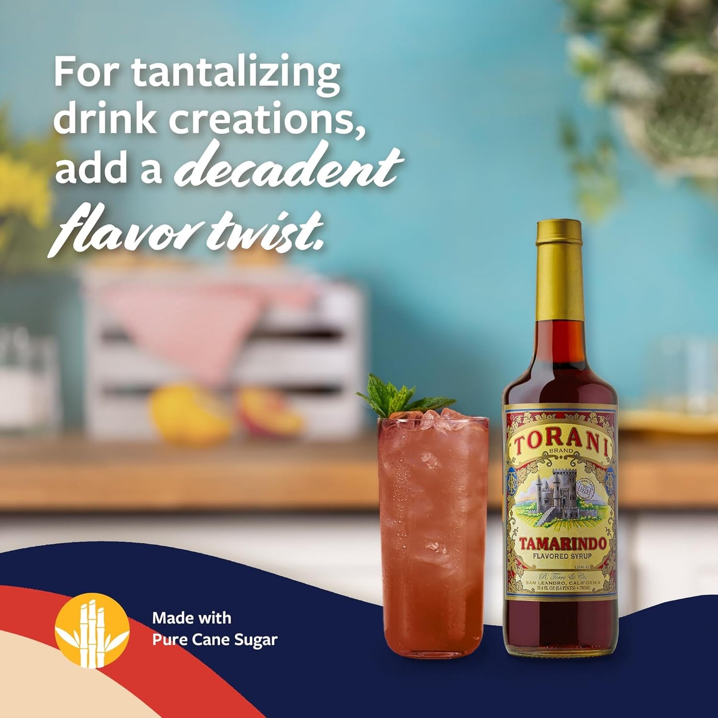 Torani Tamarindo Syrup, 100th Anniversary Flavor for Drinks, Glass Bottle with Pump Included, 25.4 Fl Oz