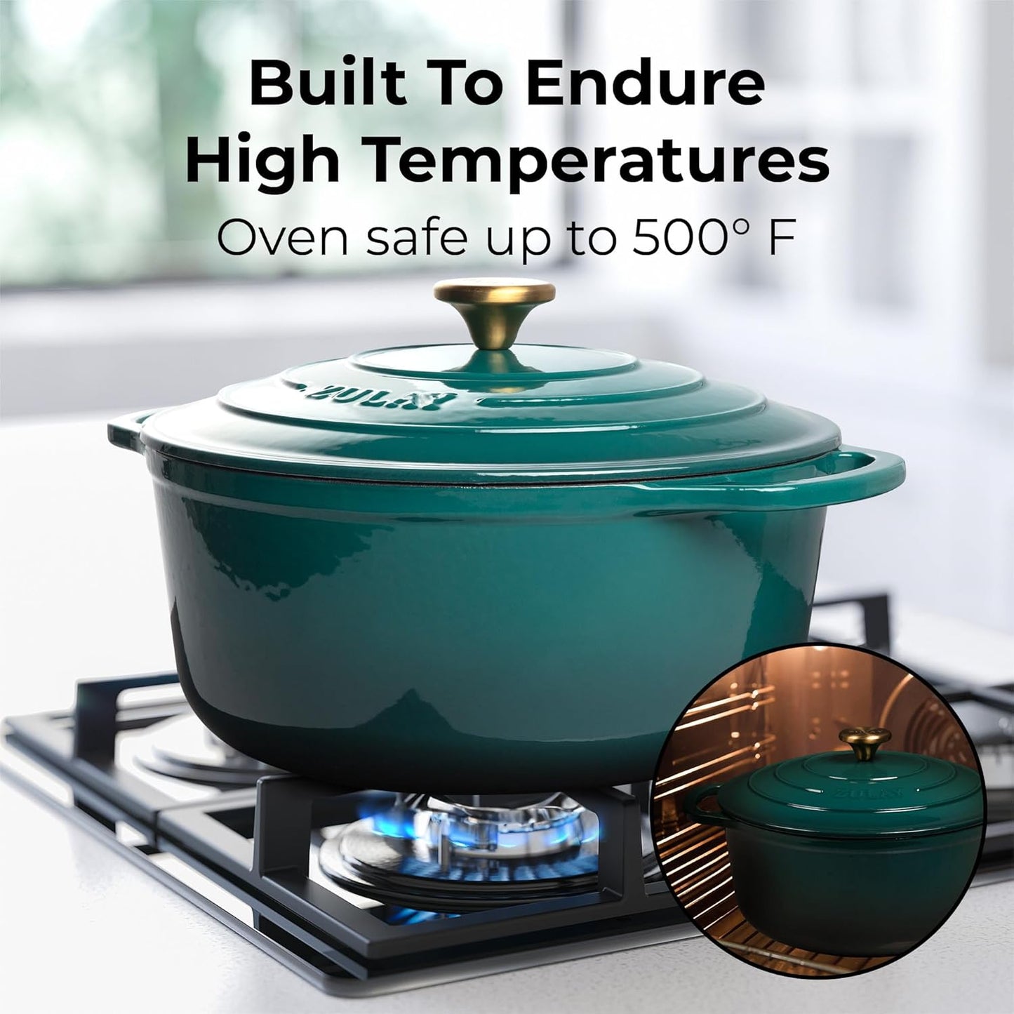 Zulay Kitchen 6 Quart Enameled Cast Iron Dutch Oven Pot with Lid – Premium Durability & Oven Safe up to 500°F – Heavy Duty Cookware Perfect for Bread Baking, Stews, Braising & Roasting – Emerald
