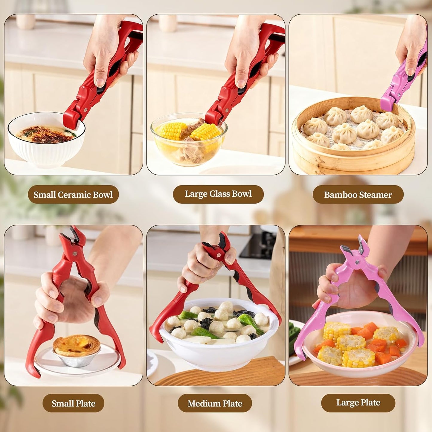 3-in-1 Hot Plate Gripper, Anti Scald Plate Gripper, Multi-Angle Anti-Scald Bowl Holder Clip & Hot Plate Grabber Tool with Lock, Kitchen Utensil For Bowls Pans Dishes (2PCS)