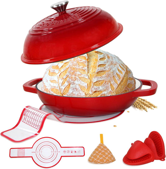 Enameled Cast Iron Dutch Oven with Lid,11”Dutch Oven for Homemade Bread,6 Quart Bread Pans,Bread Oven for Sourdough Bread Baking-with Silicone Baking Mat,Red Thick Enamel Bread Pan-Gifts for Family