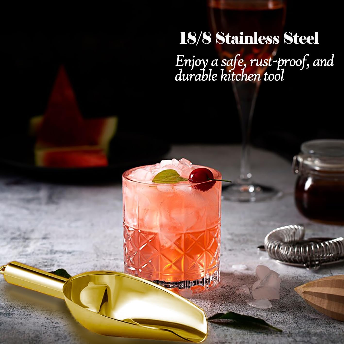 Stainless Steel Ice Scoop 6OZ Small Food Candy Scoop for Kitchen Bar Party Wedding Metal Ice Scooper for Ice Bucket Gold