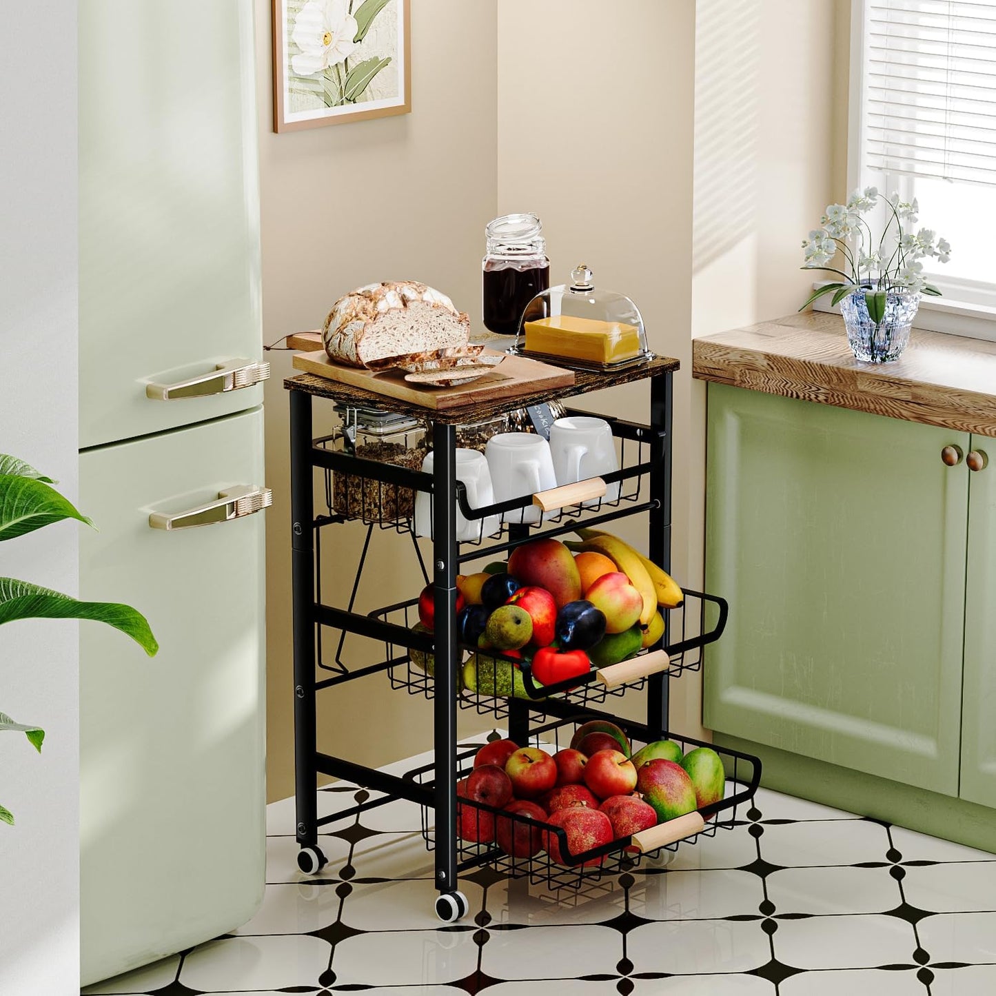 JAQ Fruit Vegetables Carts, 4-tier Slide out Metal Storage Baskets Stand Organizers with Wood Top and Handle on Rolling Wheels for Onions in Kitchen Pantry Fruteros Para Cocina -(Black, 4 Layer)