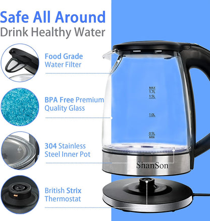 ShanSon 1.7L Electric Glass Kettle 1500W Temperature Control Fast Water Boiler BPA Free Auto Shut-off Protection Electric Teapot with Led Touch Screen and Two-year Quality Guarantee