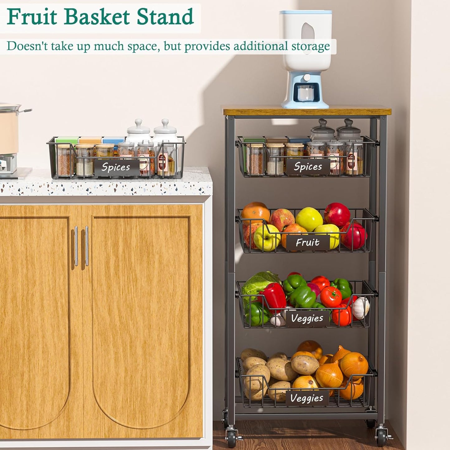 Kitchen Storage Cart with Wheels, 5-Tier Metal Utility Rolling Cart Fruit Vegetable Storage Basket Pantry Rack with Wood Top & Pull Out Baskets for Kitchen, Livingroom, Diningroom, Office