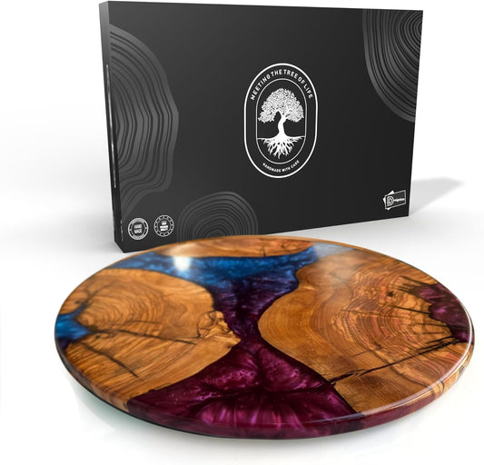 Handmade Olive Wood Round Cutting Board Resin Round Charcuterie Board, Epoxy Wood Cutting Board for Kitchen, Ocean Resin Cheese Board Wood Circle, Olive Wood Resin Pizza Board (Romance)