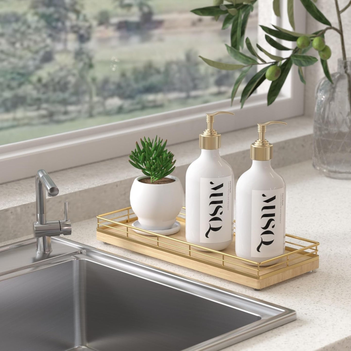 Wooden Decorative Tray, Oak 11.2" L Kitchen Countertop Soap Sponge Holder for Dresser Perfume Tray Jewelry Candle Nightstand Table Centerpieces for Dining Room Decor Natural