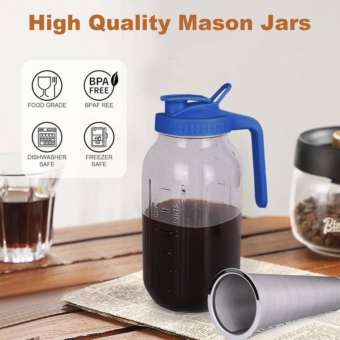 Cold Brew Coffee Maker,64 oz Mason Jar Pitcher with Stainless Steel Filter, Pour Spout Handle Lid, Heavy Duty Glass Airtight & Leak-Proof for Iced Coffee Tea & Lemonade -Blue
