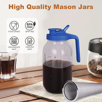 Cold Brew Coffee Maker,64 oz Mason Jar Pitcher with Stainless Steel Filter, Pour Spout Handle Lid, Heavy Duty Glass Airtight & Leak-Proof for Iced Coffee Tea & Lemonade -Blue