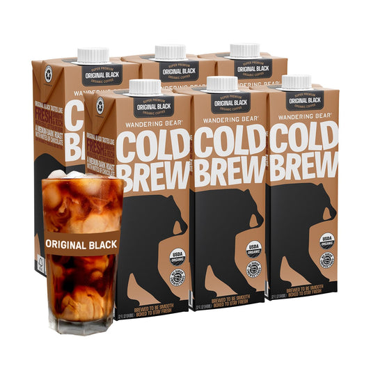Wandering Bear Straight Black Organic Cold Brew Coffee - Extra Strong, Bold, Smooth, Unsweetened, Shelf-Stable, Ready to Drink, 100% Organic Iced Cold Brewed Coffee Drink - 32 fl oz, 6 pack