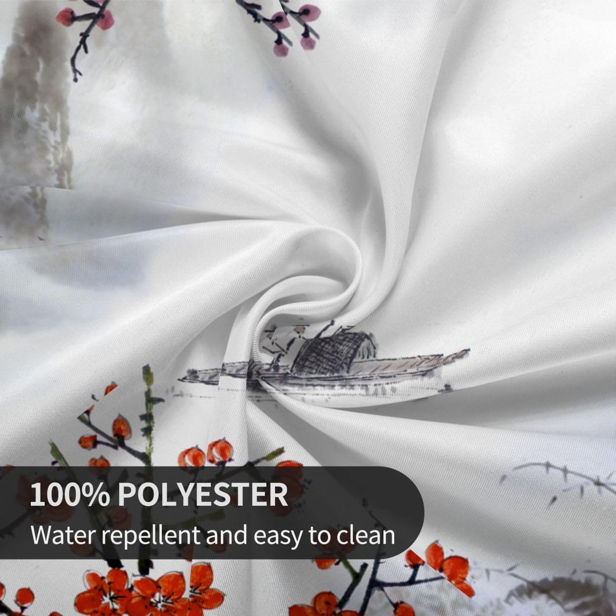 Chinese Landscape Tablecloth, Traditioanal Cherry Blossom Japanese Oriental Vintage Eastern Water Resisitant Wipeable Table Cover for Dining Kitchen Living Room Home Party Holiday Decor 60 inch Round