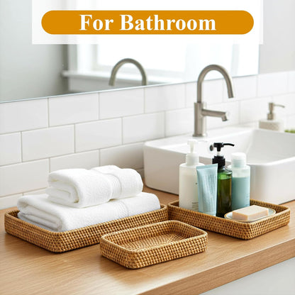 3 Pack Rattan Serving Tray, Woven Rectangular Storage Baskets, Natural Wicker Decorative Serving Baskets, Natural Woven Tray for Home Decor, Bathroom, Kitchen Counter