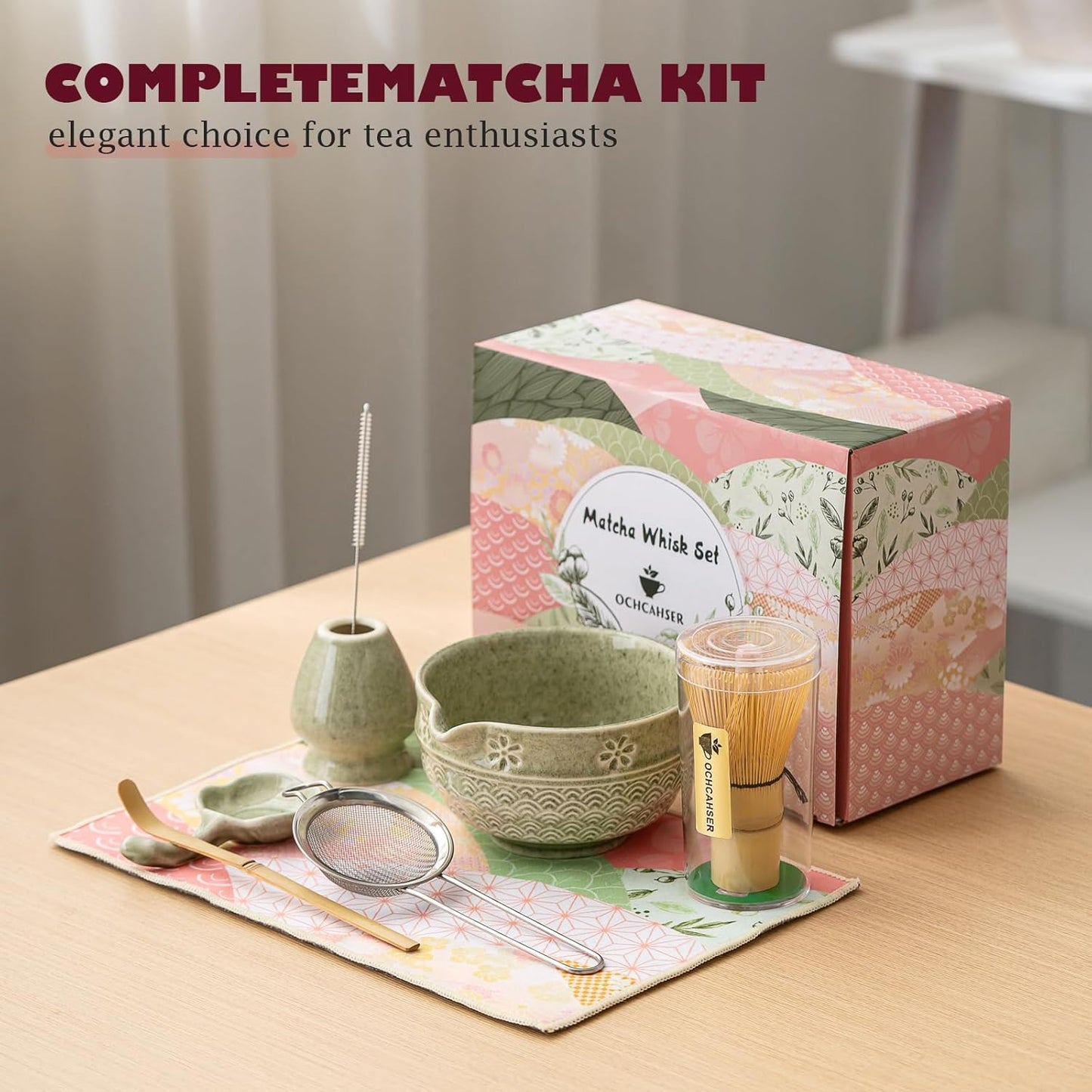 Matcha Tea Set, 8 Pcs Japanese Matcha Kit with Cherry Blossom and Wave Design Ceramic Bowl, Bamboo Whisk, Whisk Holder, Scoop, Sifter, Brush, Matcha kit Set for Matcha Lovers (Matcha Green)