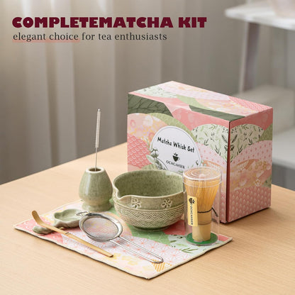 Matcha Tea Set, 8 Pcs Japanese Matcha Kit with Cherry Blossom and Wave Design Ceramic Bowl, Bamboo Whisk, Whisk Holder, Scoop, Sifter, Brush, Matcha kit Set for Matcha Lovers (Matcha Green)