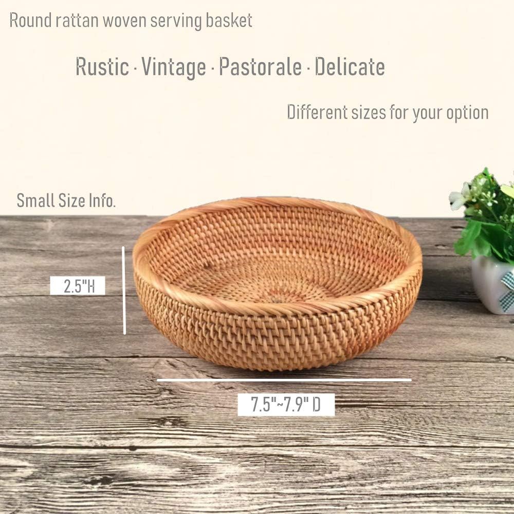 Hadewoven Round Rattan Fruit Basket Wicker Food Tray Weaving Storage Holder Dinning Room Bowl, 8 Inch Small Bread Baskets Tray for Serving with Deep Wall, Brown (Small 7.48”)