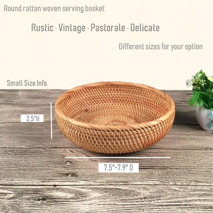 Hadewoven Round Rattan Fruit Basket Wicker Food Tray Weaving Storage Holder Dinning Room Bowl, 8 Inch Small Bread Baskets Tray for Serving with Deep Wall, Brown (Small 7.48”)