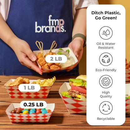 Fit Meal Prep [250 Pack 0.25 lb Paper Food Boats Heavy Duty Disposable Food Trays, Red Check Nacho Tray for Parties Fairs Picnics Carnivals, Holds Ketchup Cheese Sauce Pickles