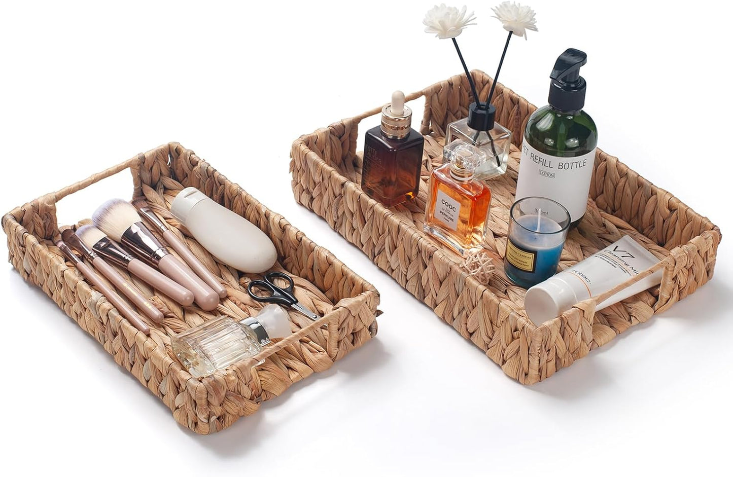 Water Hyacinth Rectangular Serving Tray for Coffee Table Natural Storage Baskets with Handles for Home and Kitchen Decor Set of 2