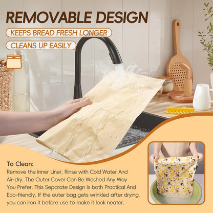 Beeswax Bread Bags for Homemade Bread (2 Pack), Sourdough Bread Bag with Removable Beeswax Lining for Keeping Fresh, Reusable Food Storage Bag