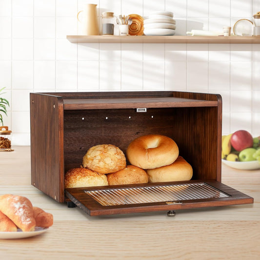 Sunhoo Bread Box for Kitchen Countertop Storage Wooden Breadbox Holder Container Morden Rustic Fresh Bread Keeper Farmhouse Stackable Organizer Bin for Homemade Food Shelf Acrylic Window (Brown)