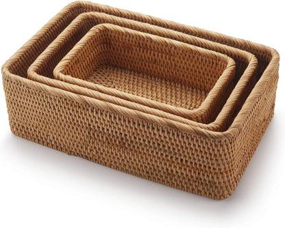 Natural Rattan Fruit Storage Baskets Rectangular Woven Wicker Box for Key Holder Remote Stackable Natural Set of 3