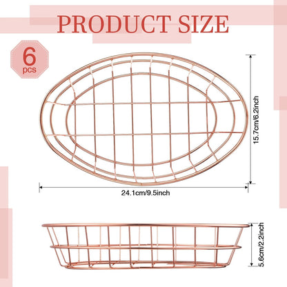 Tioncy 6 Pcs Chrome Oval Metal Wire Baskets 9.5 x 6.2 x 2.2 Inch Bread Serving Decorative Sandwich Container Christmas Party Fast Food Basket for Fruit Burger Kitchen Restaurant(Rose Gold)