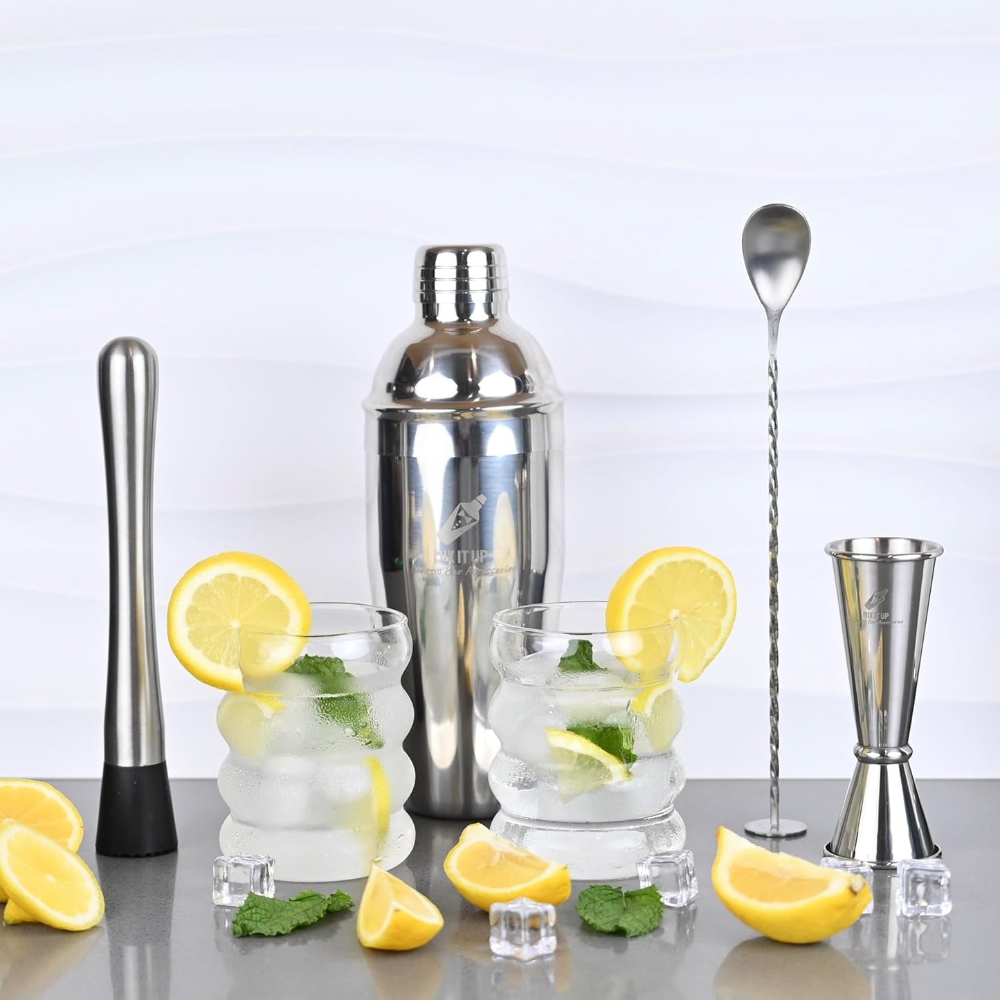 4-Piece Cocktail Shaker Set-Muddler, Jigger, Spoon