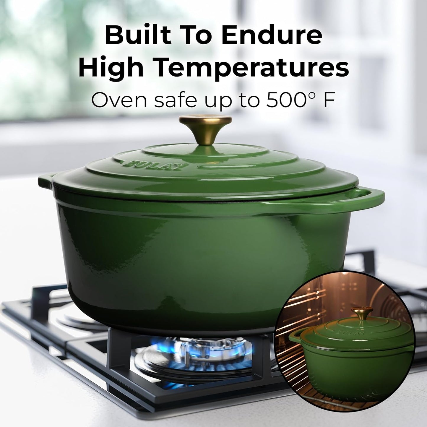 Zulay Kitchen 7.7 Quart Enameled Cast Iron Dutch Oven Pot with Lid – Premium Durability & Oven Safe up to 500°F – Heavy Duty Cookware Perfect for Bread Baking, Stews, Braising & Roasting – Green