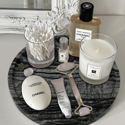 Travertine Tray, Small Ceramic Vanity Tray for Bathroom Counter Decor, Round Marble Decorative Trays for Coffee Table (Grey Black, Large Size)