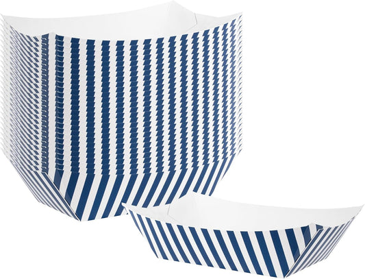 Restaurantware Bio Tek 1 Pound Food Boats 200 Disposable Paper Food Trays - Heavy-Duty Greaseproof Striped Paper Food Boats For Snacks Appetizers Or Treats Use At Parties Or Carnivals