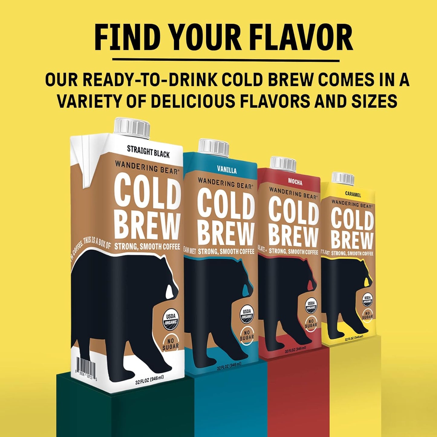 Wandering Bear Organic Caramel Cold Brew Coffee - Strong, Bold, Smooth, Unsweetened, Shelf-Stable, Ready to Drink, Gluten Free, & Vegan Iced Cold Brewed Coffee Drink - 32 fl oz, 3 pack