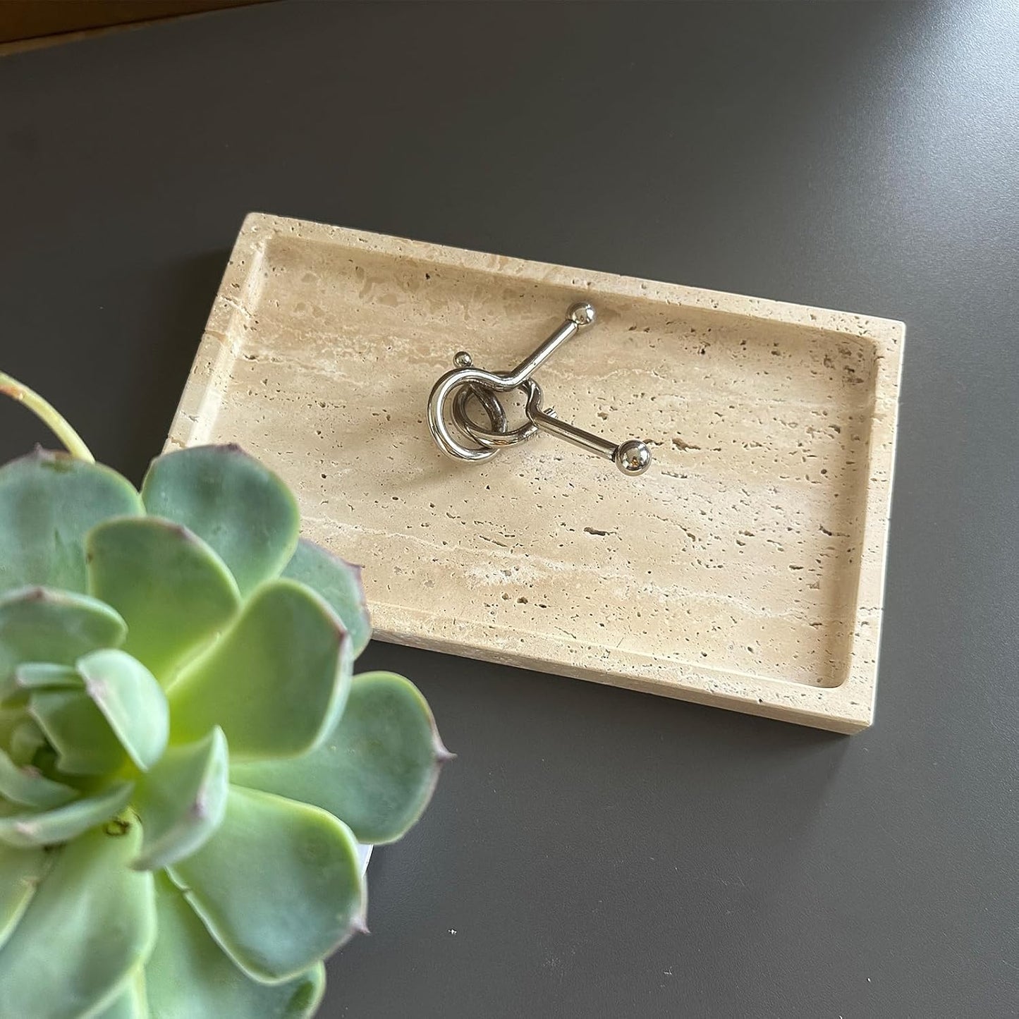 Natural Travertine Stone Perfume Tray, 9.8"x5.9" Marble Vanity Tray for Bathroom/Kitchen/Coffee Table