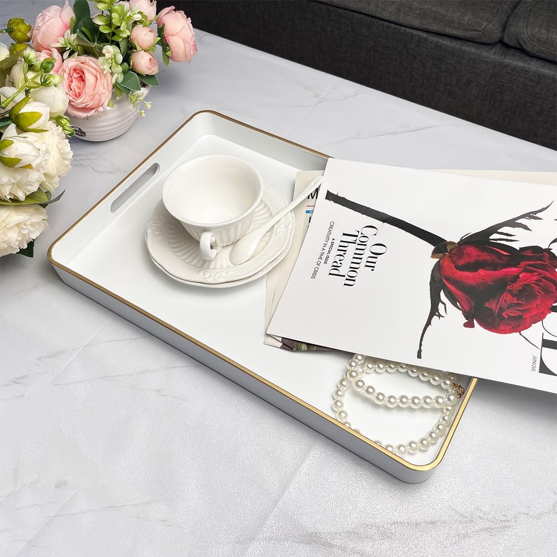 White Decorative Tray, Rectangular Serving Trays with Handles,Ottoman, Coffee Table Tray for Living Room, Bathroom, Home Decor 15.7” x 10.2”