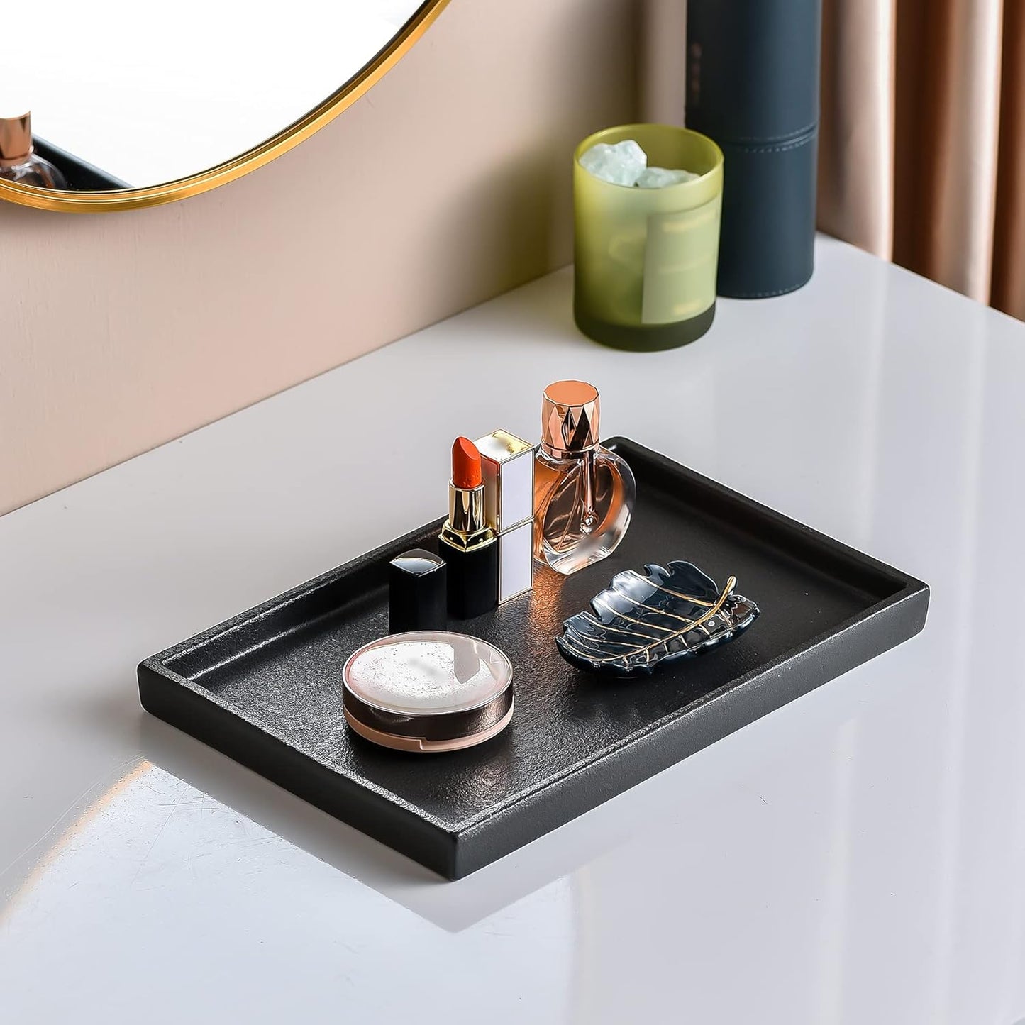 Ceramic Makeup Tray Redelaenor, Black Bathroom Accessories Holder for Kitchen Sink Organizer and Home Decorative Tray Rectangle Small Bathroom Sink Trays for Counter