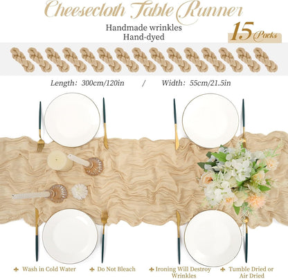 15 Packs Cheesecloth Table Runner Beige,10 Ft Rustic Gauze Boho Wedding Table Runner Decoration, Wedding Table Decor Table Cloth for Wedding Party Bridal Shower Table,21.5x120in