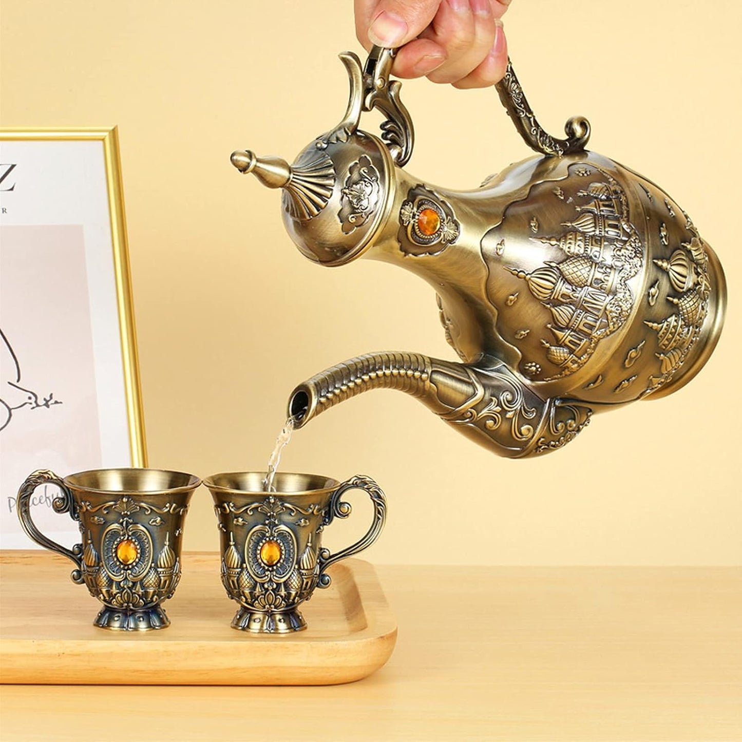 Vintage Turkish Coffee Pot Set for 6 Including Tray and Teapot,Metal Cups,Teapot and Cup Set for One,Tea Service Set for Home Tea Table Decor,Wedding Ornaments(Brass)