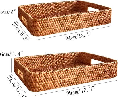 i-lan 2 Pack Natural Rattan Serving Trays with Handles – Handwoven Rectangular Wicker Baskets for Food, Bread, Fruit | Decorative Storage & Table Organizer with 2-Inch Wall (Small + Large)