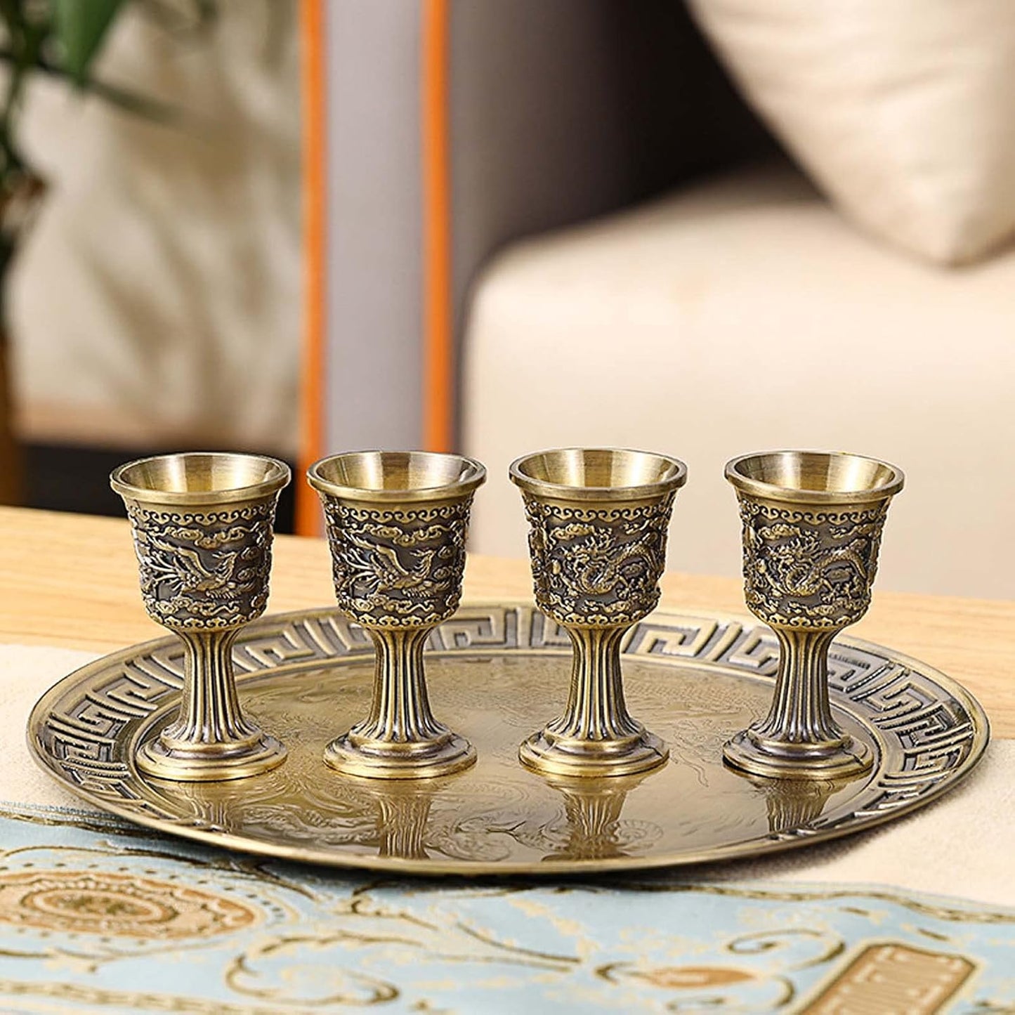 Vintage Turkish Coffee Pot and Cups Set,Teapot Tea Service Set Including 4 Metal Cups and Tea Tray for Tea Table Decor,Wedding Ornament (Bronze)