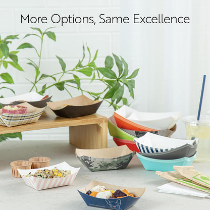 Restaurantware-Bio Tek 6 Ounce Boat Paper Boats, 50 Disposable #40 Food Trays - PE Lining, Durable, Pink And White Striped Paper Food Baskets, For Concession Stands, Picnics, or Fairs, Stackable