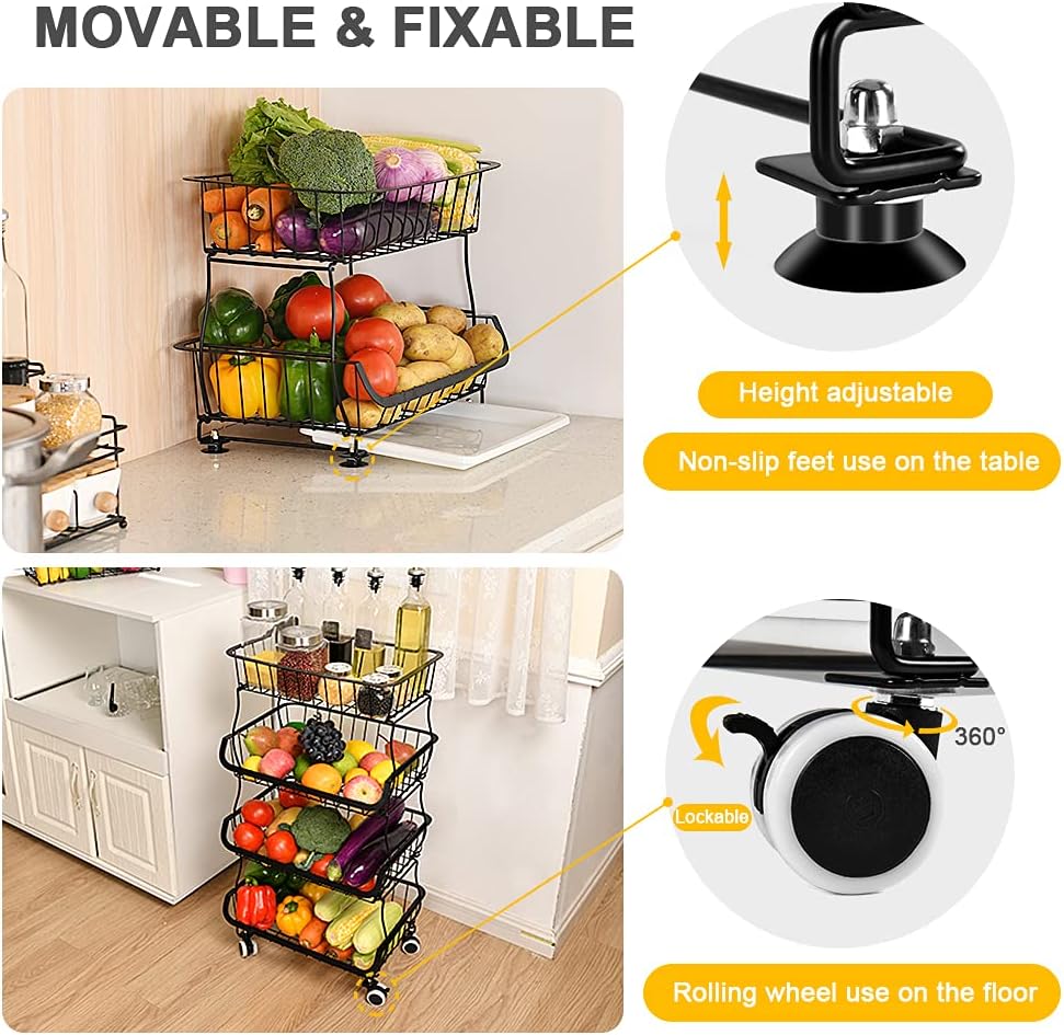 Miyawell Fruit Vegetable Storage Basket, 4 Tier Stackable Metal Wire Storage Baskets with Wheels, Fruit Vegetable Produce Basket Organizer Bins for Kitchen, Pantry, Bathroom