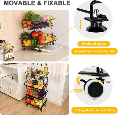 Miyawell Fruit Vegetable Storage Basket, 4 Tier Stackable Metal Wire Storage Baskets with Wheels, Fruit Vegetable Produce Basket Organizer Bins for Kitchen, Pantry, Bathroom